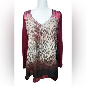 Poeme By Citron Size L Red Top Tunic Draped Sheer Chevron Leopard‎ Print Flowy